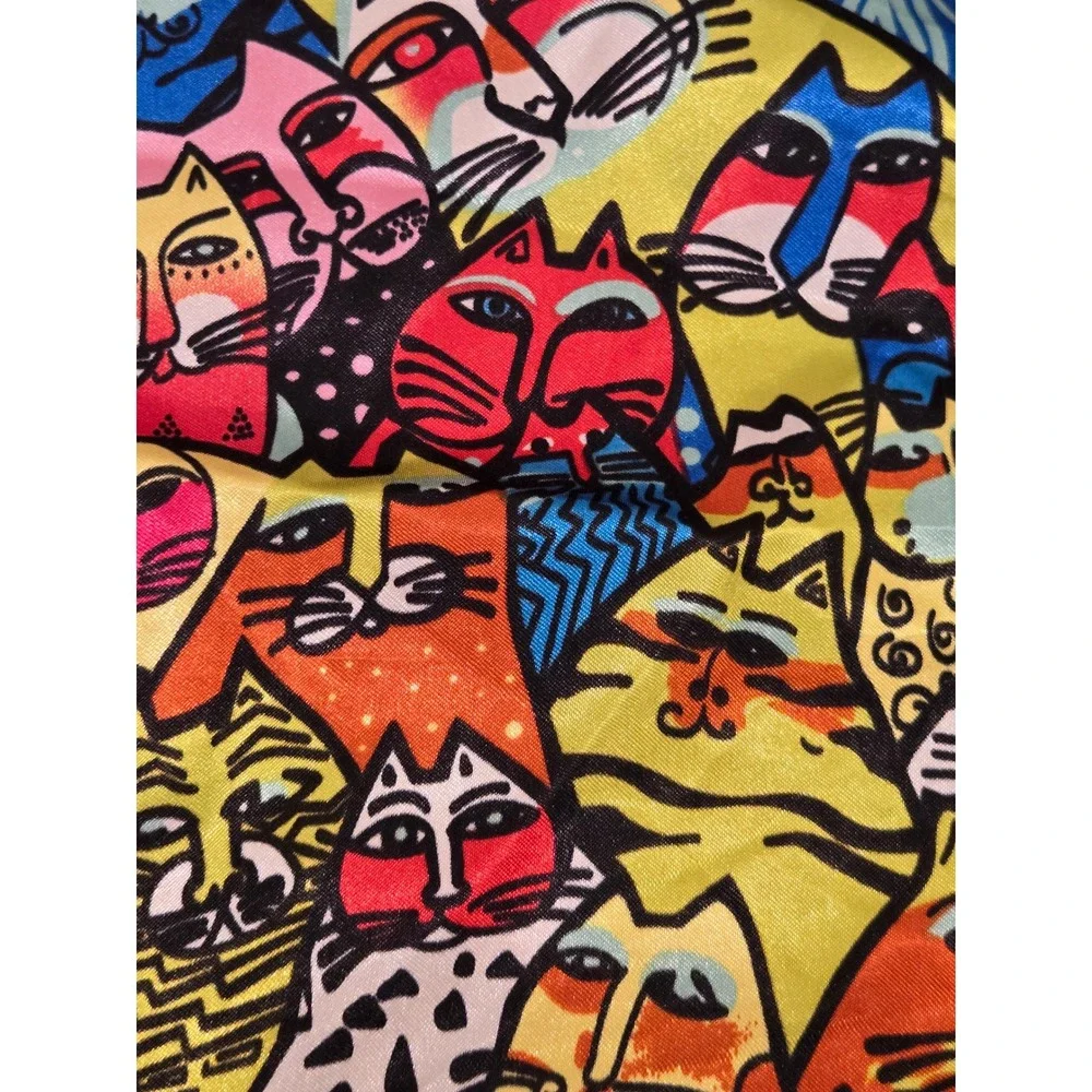 Colorful Maximalist Cat Print Satin Square Scarf Multi Geometric Border 35x35